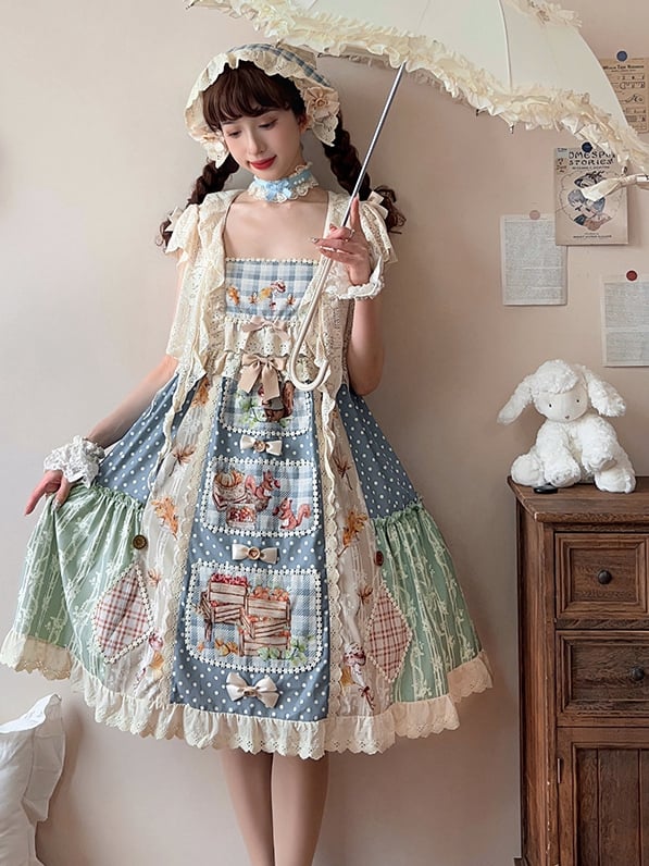 Squirrels Print Patchwork Jumper Skirt Cottagecore Country Dress/Lace Top