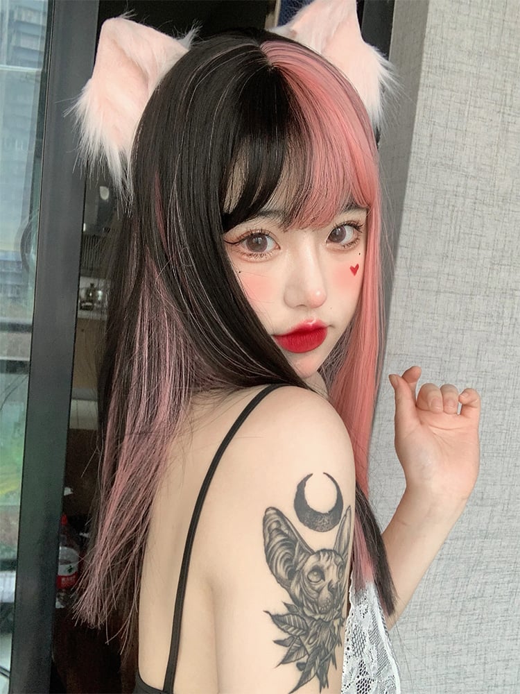 Pink Highlights Black Straight Medium Synthetic Wig