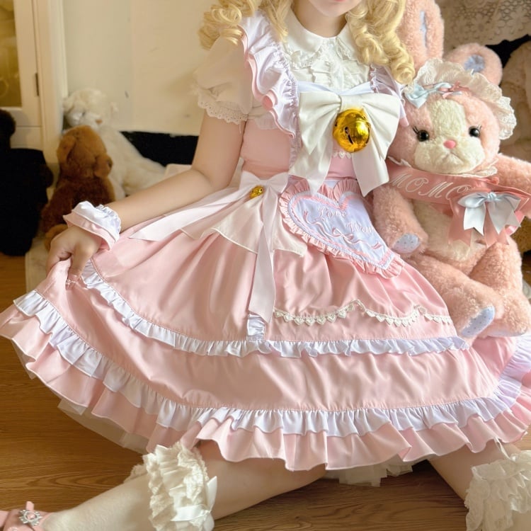 Pink High Waist Jumper Skirt with Heart Apron and Wristcuffs