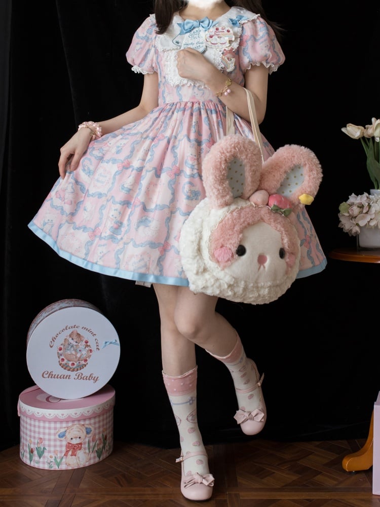Pink and Blue Sweet Kitty Print High Waist One Piece - Sukuroi