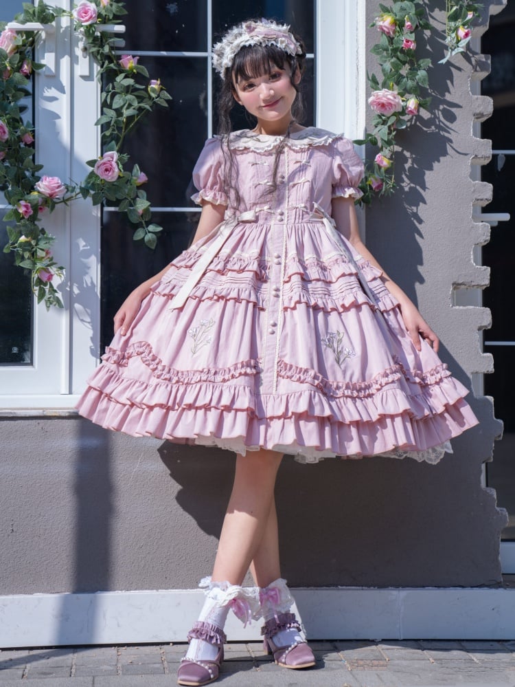 Pink Iris Embroidery Peter Pan Collar Ruffle Hem One Piece - Sukuroi