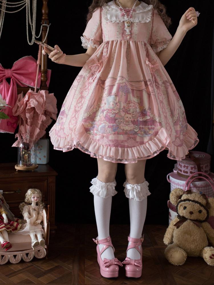 Sweet Rococo Bear, Cat and Rabbit Print Short Sleeves One Piece