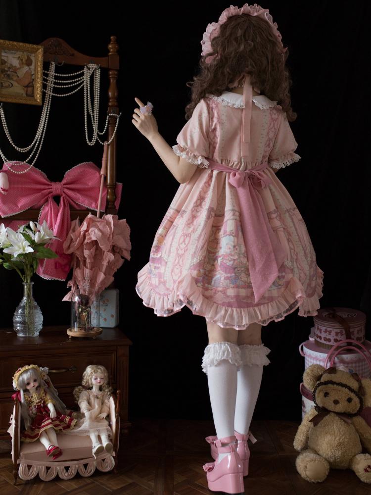 Sweet Rococo Bear, Cat and Rabbit Print Short Sleeves One Piece