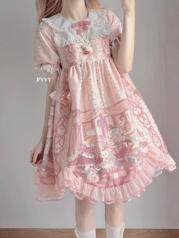 Sweet Rococo Bear, Cat and Rabbit Print Short Sleeves One Piece