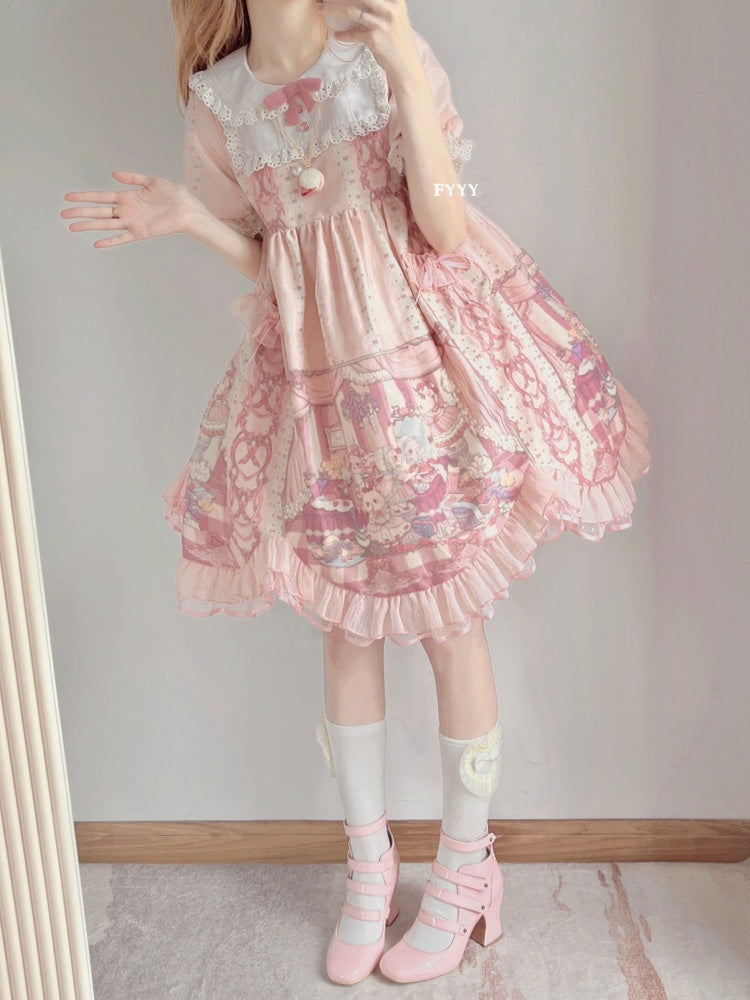 Sweet Rococo Bear, Cat and Rabbit Print Short Sleeves One Piece