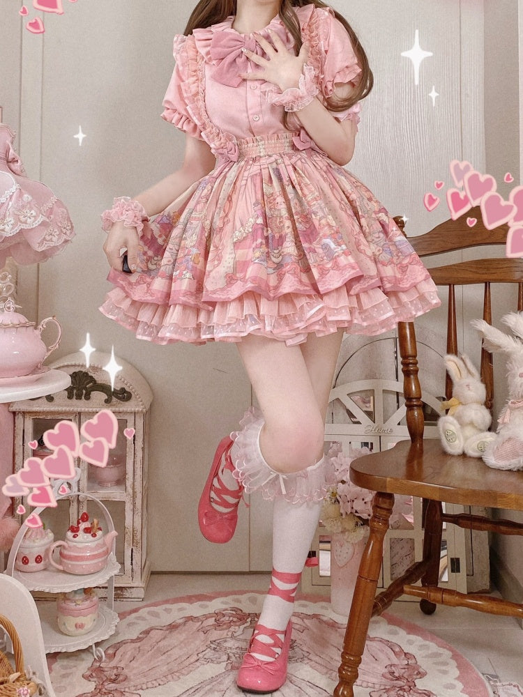 Sweet Rococo Bear, Cat and Rabbit Print Short Sleeves One Piece