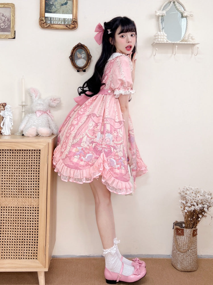 Sweet Rococo Bear, Cat and Rabbit Print Short Sleeves One Piece