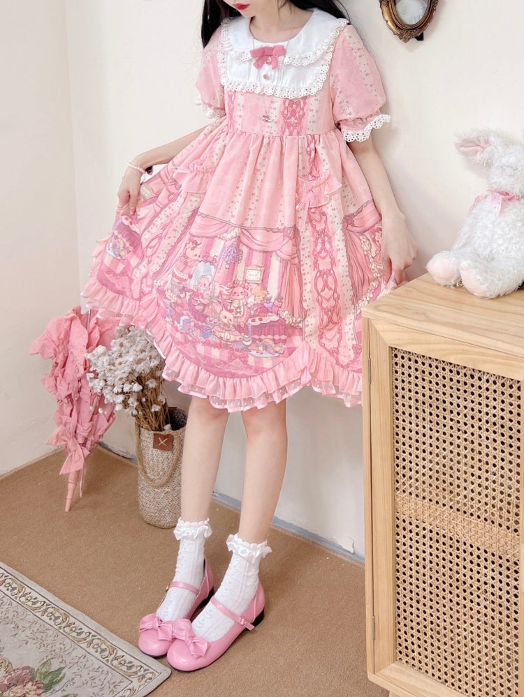 Sweet Rococo Bear, Cat and Rabbit Print Short Sleeves One Piece