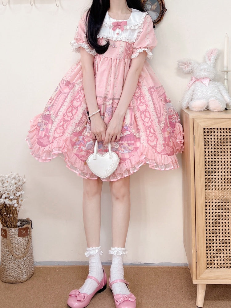 Sweet Rococo Bear, Cat and Rabbit Print Short Sleeves One Piece