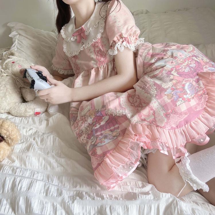 Sweet Rococo Bear, Cat and Rabbit Print Short Sleeves One Piece