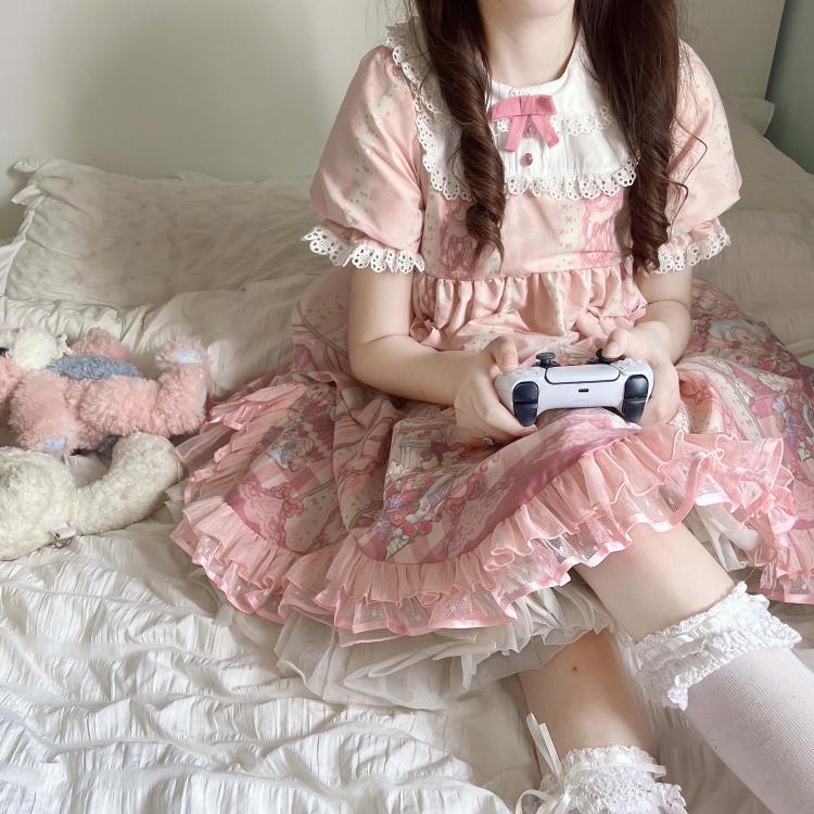 Sweet Rococo Bear, Cat and Rabbit Print Short Sleeves One Piece