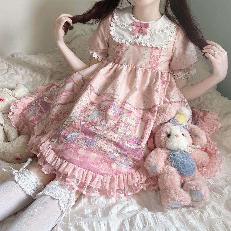 Sweet Rococo Bear, Cat and Rabbit Print Short Sleeves One Piece