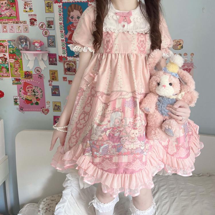 Sweet Rococo Bear, Cat and Rabbit Print Short Sleeves One Piece