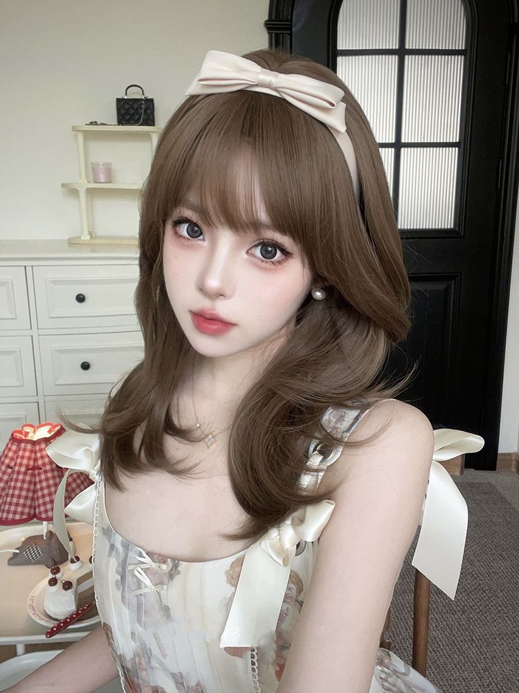 Honey Brown Medium Wavy Synthetic Wig Full Bangs
