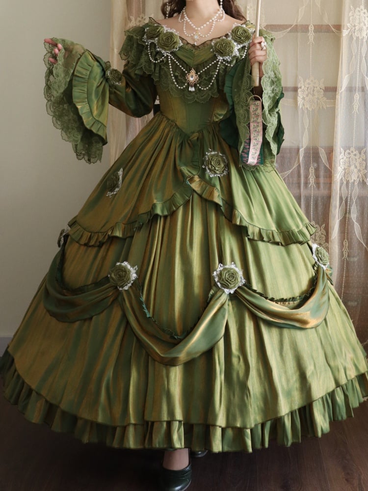 Oil Painting Green Classic Vintage Dress Roses and Bead Chain Princess One Piece - Sukuroi