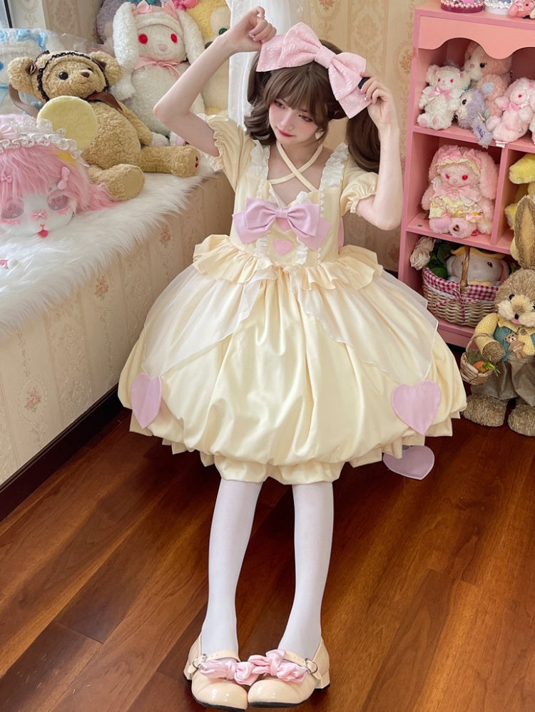 Yellow Square Neckline Heart Embroidery One Piece