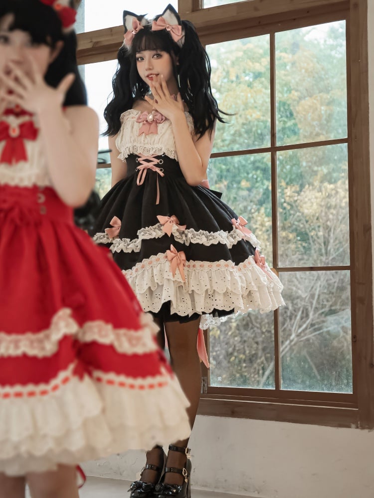 Plus Size Friendly Black Rosette Pattern Fabric Detachable Bowknots Jumper Skirt - Sukuroi