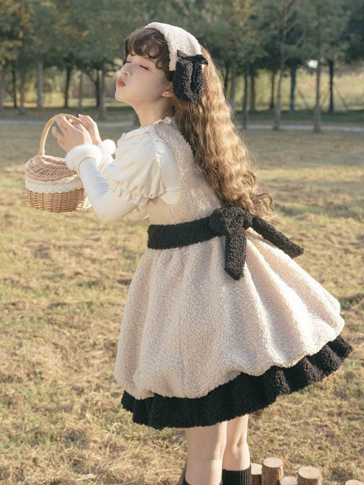 Winter Fleece Bubble Jumper Skirt Detachable Plush Lamb Ears