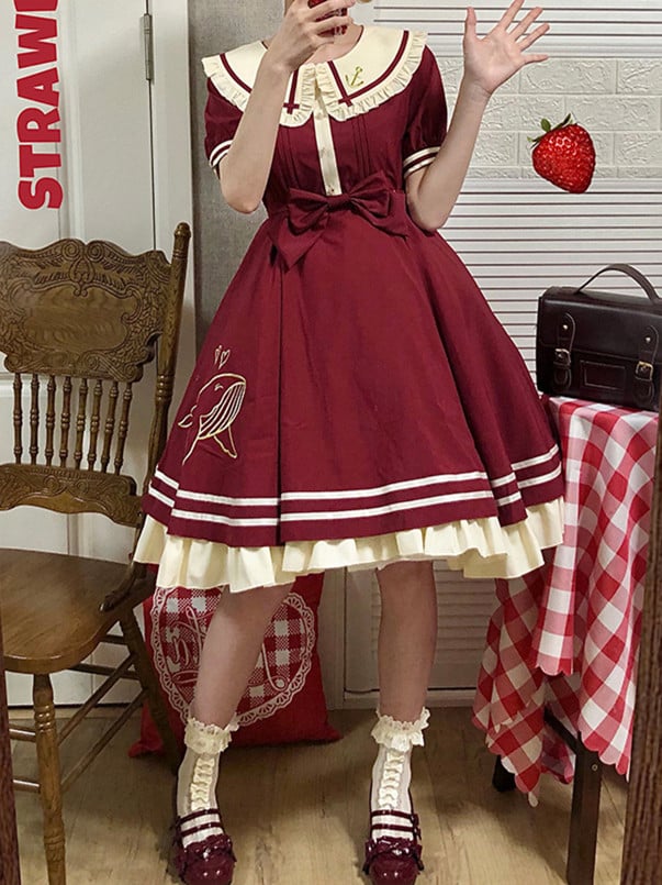 Plus Size Friendly Wine Red Sweet Dress Whale Embroidery Peter Pan Collar One Piece