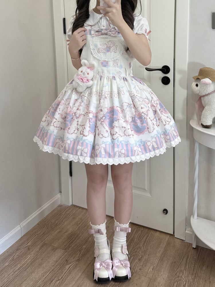 Sweet Lamb and Bowknot Print Pink and Purple Stripes Overalls