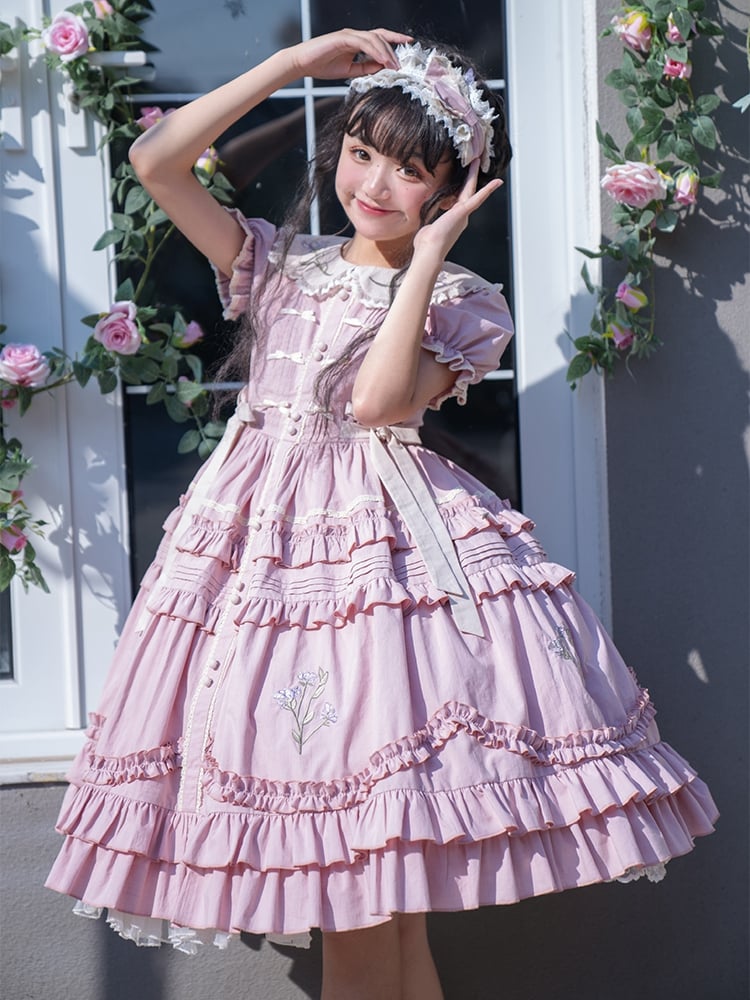 Pink Iris Embroidery Peter Pan Collar Ruffle Hem One Piece - Sukuroi