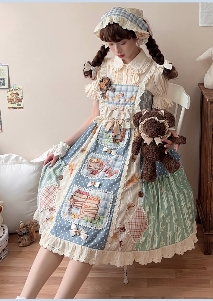 Squirrels Print Patchwork Jumper Skirt Cottagecore Country Dress/Lace Top