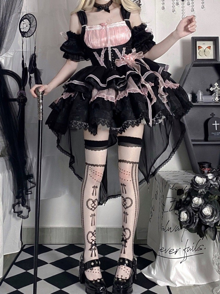 Memoirs of Rose Color Black and Pink Jumper Skirt Lace-up Detail Tiered Skirt and Flounce Hem