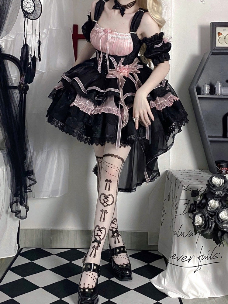 Memoirs of Rose Color Black and Pink Jumper Skirt Lace-up Detail Tiered Skirt and Flounce Hem