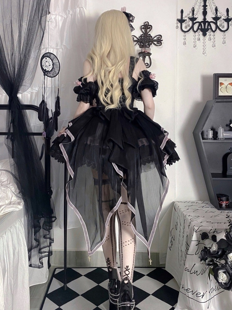 Memoirs of Rose Color Black and Pink Jumper Skirt Lace-up Detail Tiered Skirt and Flounce Hem