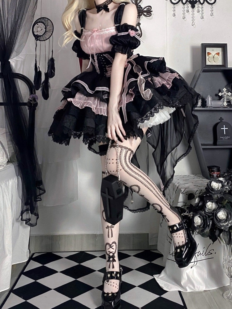 Memoirs of Rose Color Black and Pink Jumper Skirt Lace-up Detail Tiered Skirt and Flounce Hem