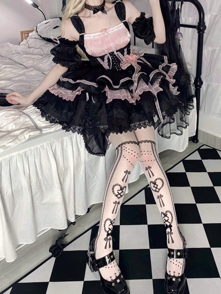 Memoirs of Rose Color Black and Pink Jumper Skirt Lace-up Detail Tiered Skirt and Flounce Hem