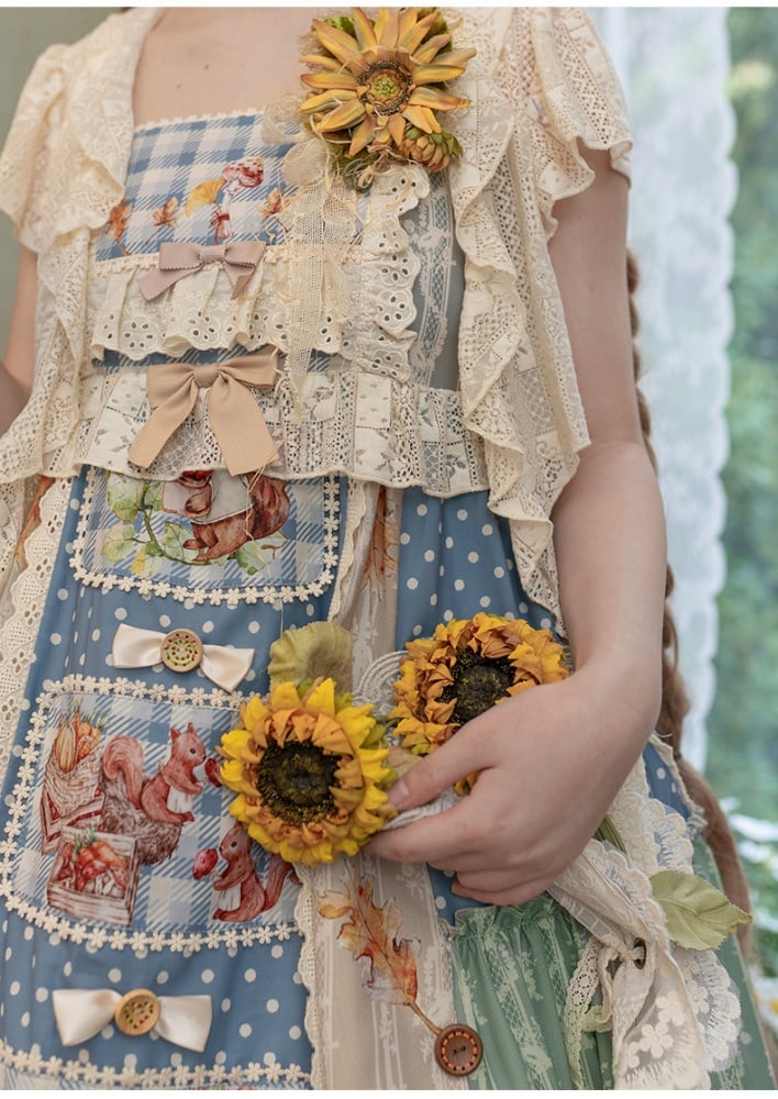 Squirrels Print Patchwork Jumper Skirt Cottagecore Country Dress/Lace Top