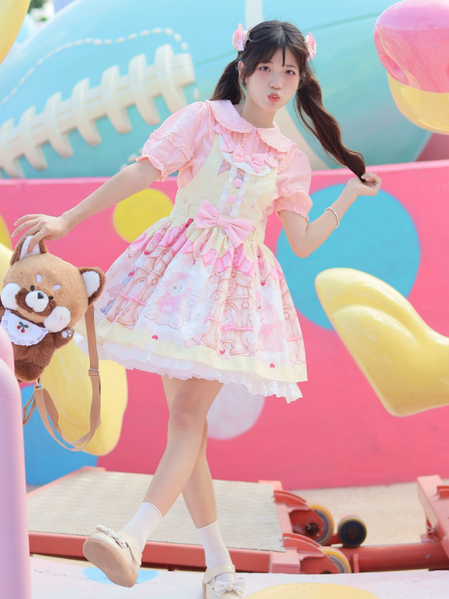 Pink Peter Pan Collar Shirt / Yellow Teddy High Waist Overalls
