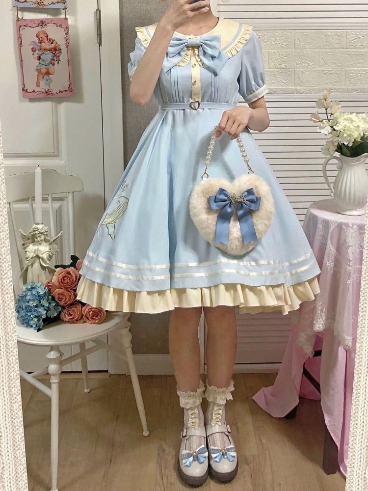 Plus Size Friendly Light Blue Sweet Dress Whale Embroidery Peter Pan Collar One Piece