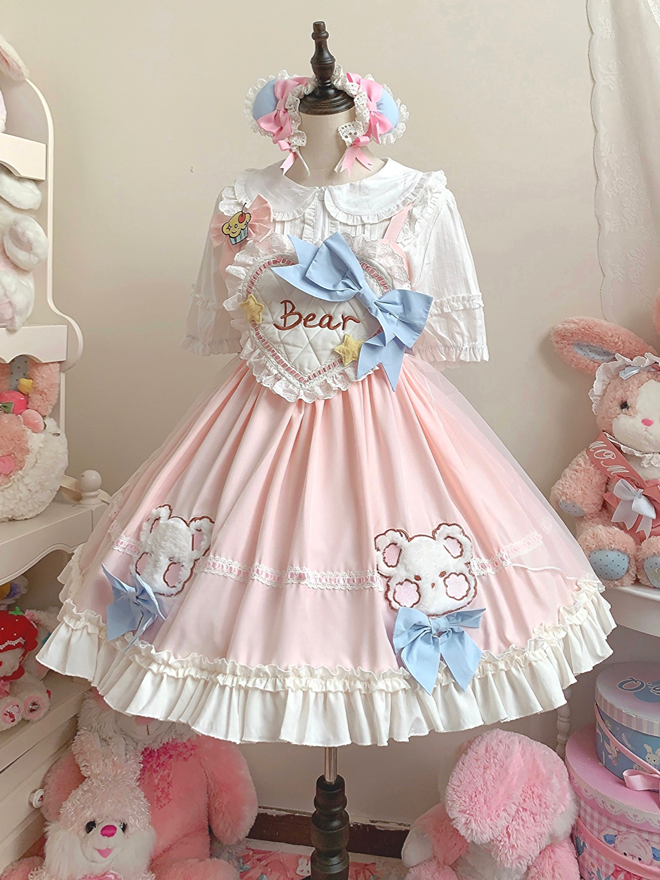 Sweetheart Bodice Pink Sweet Teddy Overalls + Bowknot Train + Brooch Set