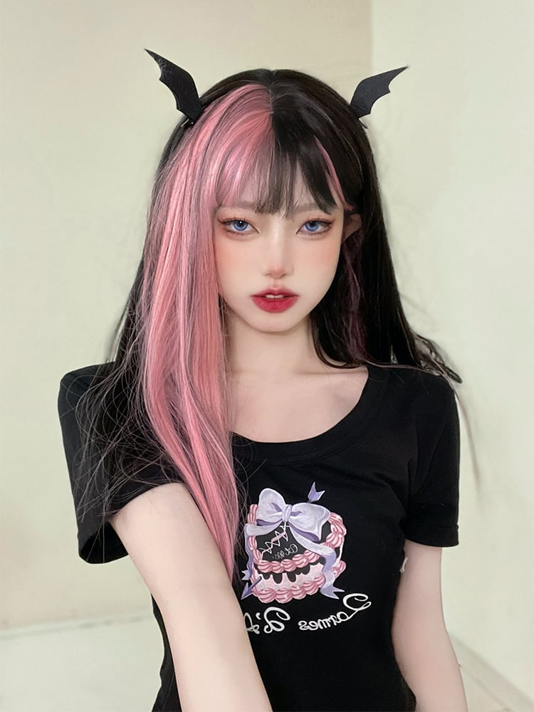 Pink Highlights Black Straight Medium Synthetic Wig