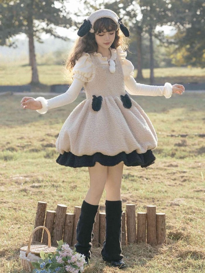 Winter Fleece Bubble Jumper Skirt Detachable Plush Lamb Ears