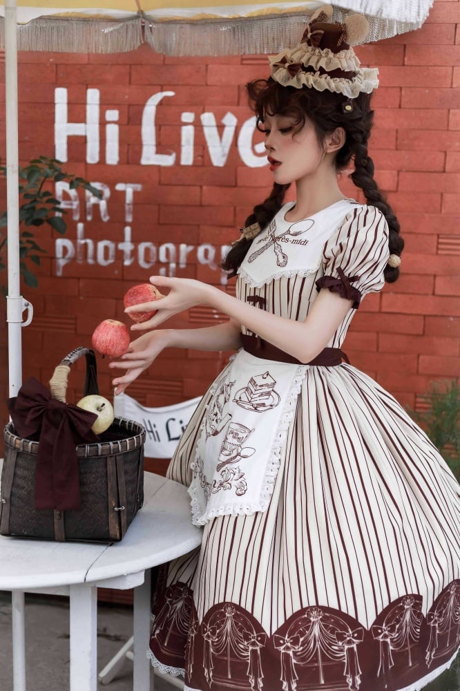 Stripe Pattern Tea Cup Print Apron One Piece Apricot and Coffee