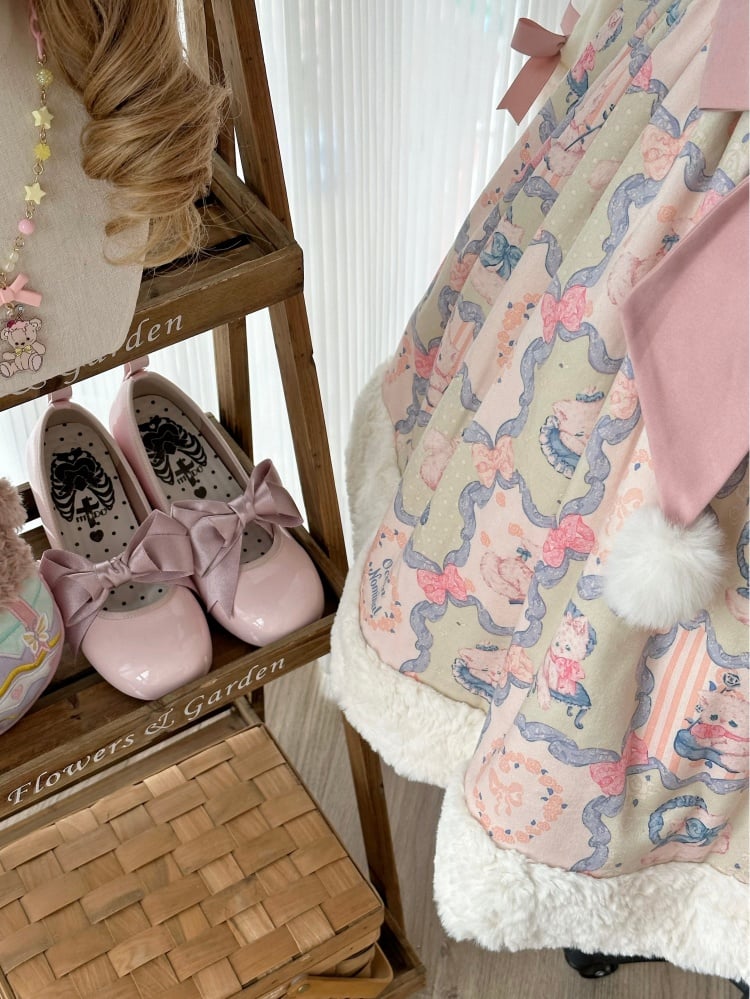 Kitty Print Sweet Pink and Green Winter Jumper Skirt - Sukuroi