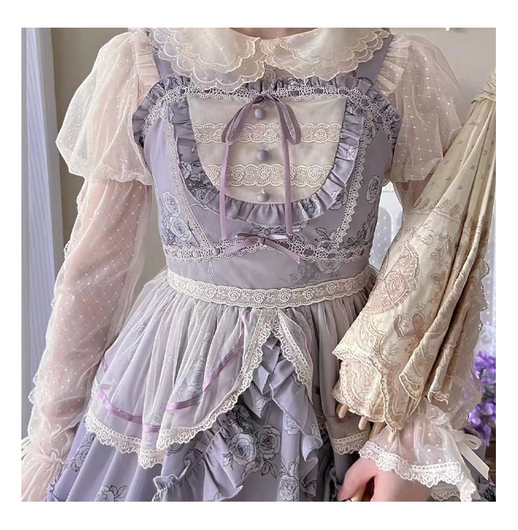 Purple Elegant Floral Dress Rosette Print Jumper Skirt - Sukuroi