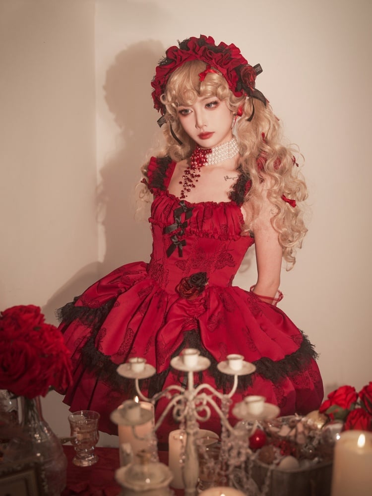 New Year Red Corset Waist Butterfly Print Jumper Skirt - Sukuroi