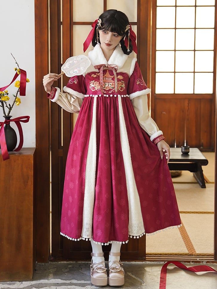 Red Embroidery Details Bodice Served Ru Long Sleeves Han Dress - Sukuroi