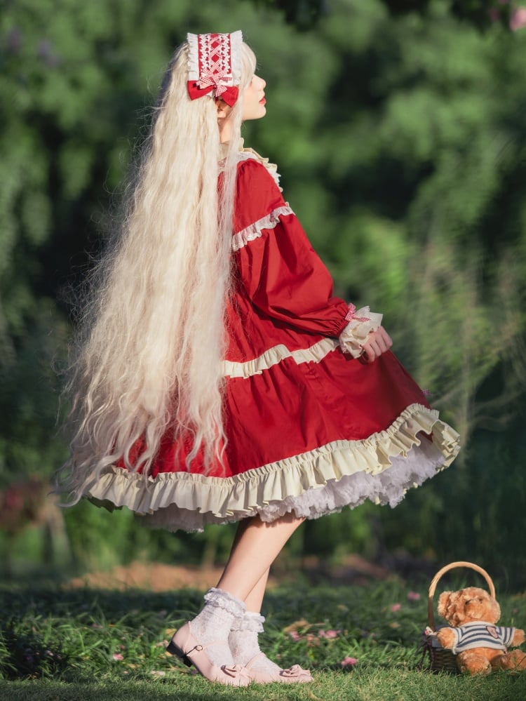 Red Picnic Basket Print Cottagecore Country One Piece - Sukuroi