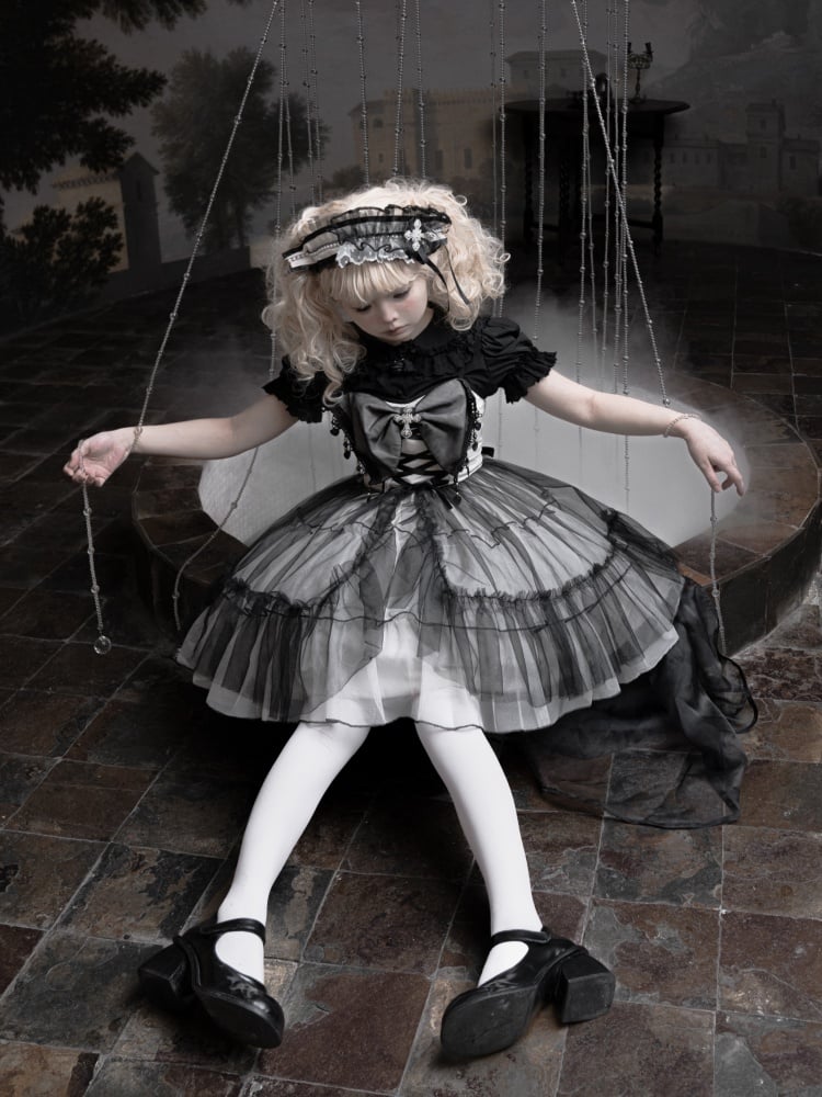 Plus Size Friendly Gothic Cross Big Bow Neckline Jumper Skirt Black and White