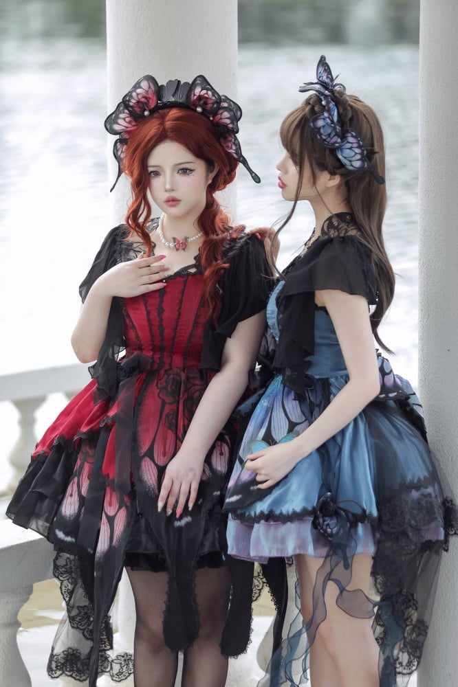 Wine Red Butterfly Jumper Skirt Gothic Princess Dress with Butterfly Train