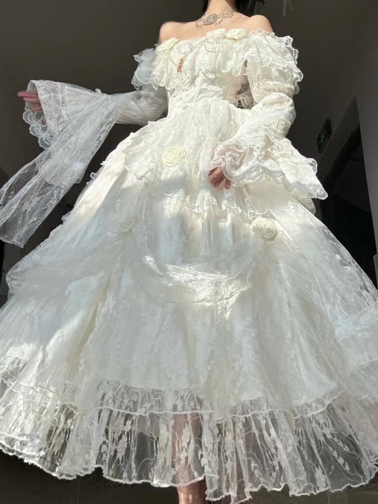 White Princess Lace Dress Floral and Bead Chain Details One Piece - Sukuroi