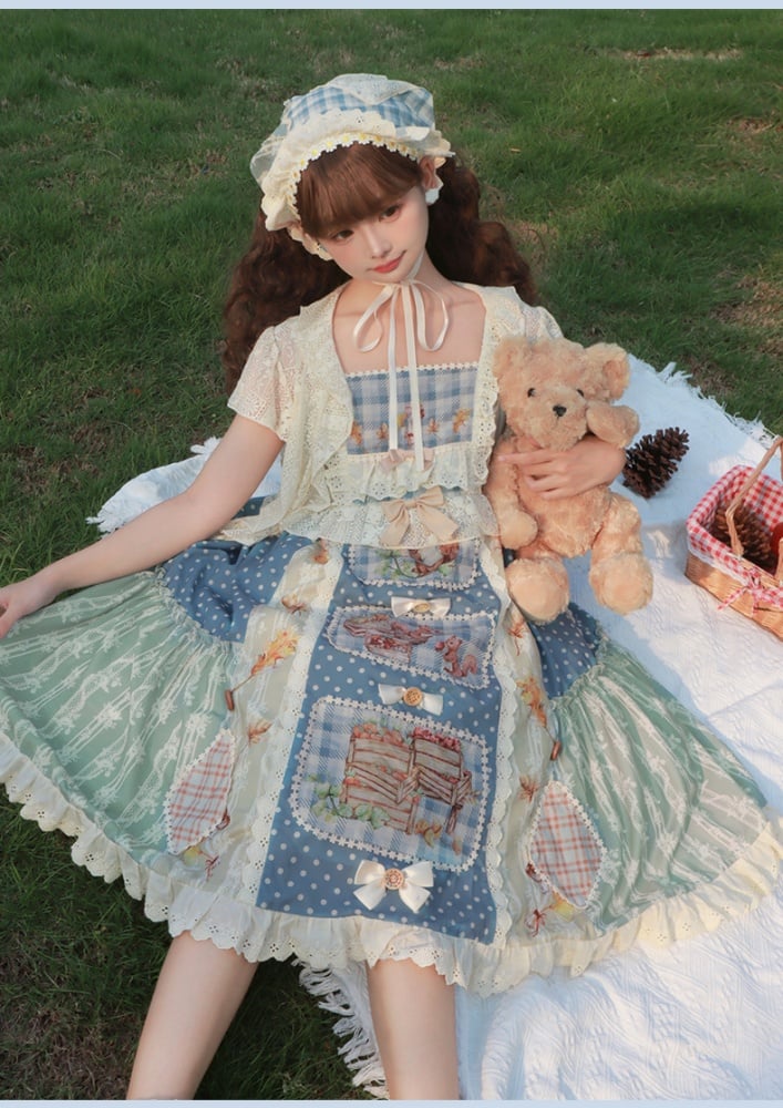 Squirrels Print Patchwork Jumper Skirt Cottagecore Country Dress/Lace Top
