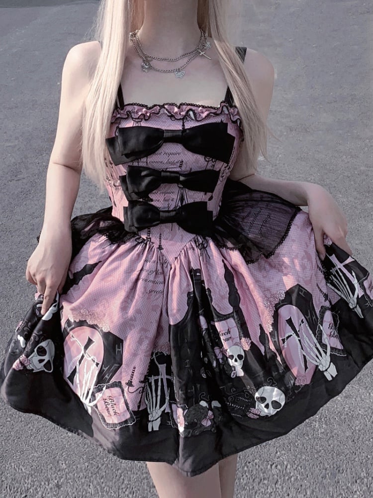 Skull and Coffin Print Boned Basque Waist Jumper Skirt Pink and Black