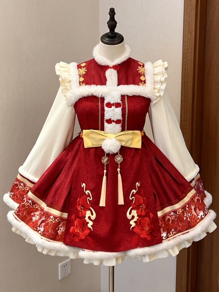 New Year Red Floral Embroidery One Piece Cheongsam Style Qi Lolita Winter Dress - Sukuroi
