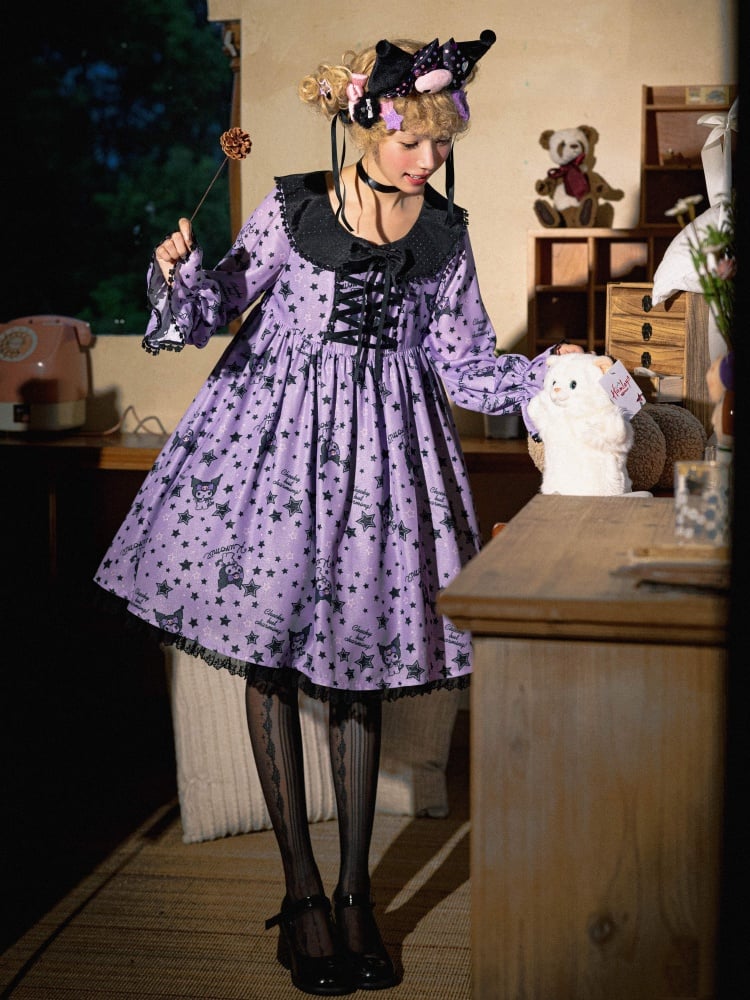 Kuromi and Stars Print Sweet Dress Black and Purple Peter Pan Collar One Piece